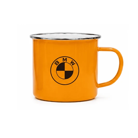 An orange mug with a metallic rim and a logo printed on the front.