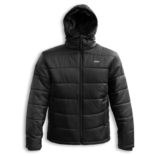 A black puffer jacket with a hood, featuring a zip front and a logo on the chest.