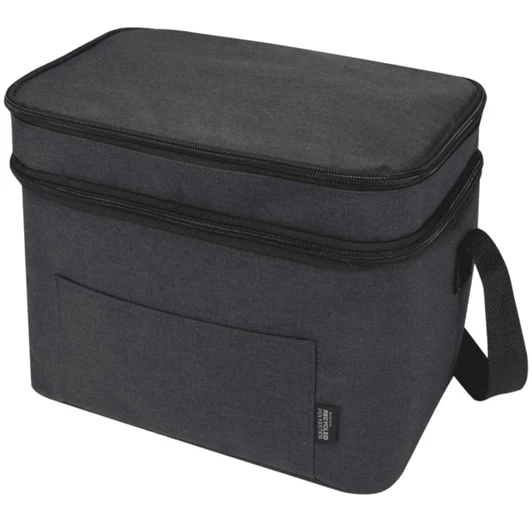 A grey double compartment cooler bag with a zip closure and a side handle. It features a front pocket and has branding.