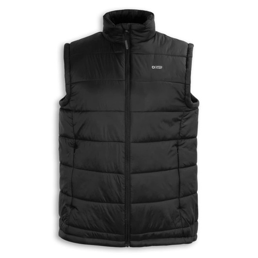 A black puffer vest with a high collar and zip front, featuring a logo on the chest.