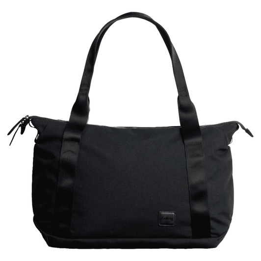A black tote bag with two sturdy handles, featuring a sleek design and a logo.