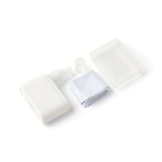 A white spray bottle accompanied by a cleaning cloth and a clear protective case. The bottle has a spray nozzle.