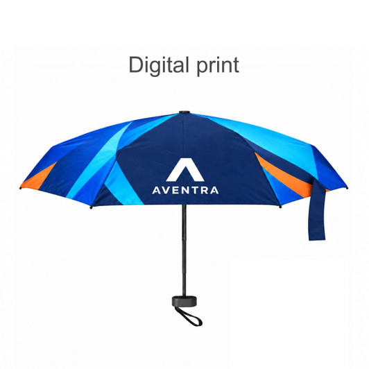 A mini pocket umbrella featuring a blue and orange digital print design, with a black handle and strap.