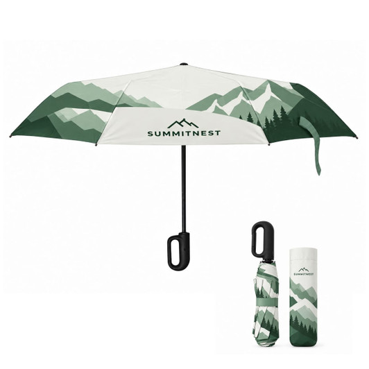 An umbrella in green and white with mountain graphics and a carabiner for easy attachment. Includes a matching sleeve.