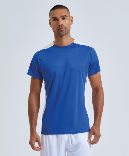 A blue performance t-shirt with white shoulder accents and a logo, featuring a fitted design on a male model.