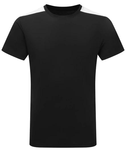 A black performance t-shirt with white contrast detailing on the shoulders and a logo.