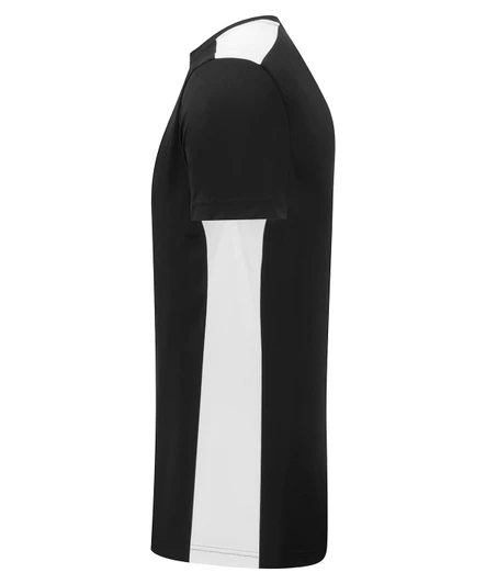 A performance t-shirt featuring a black main body with white side panels and short sleeves. It has a logo on the front.