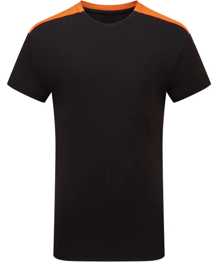 A black kids' performance T-shirt featuring orange contrast on the shoulders. Includes a logo on the chest.