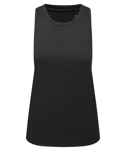 A black tank top with a sleeveless design and a round neckline, featuring branding on the label.