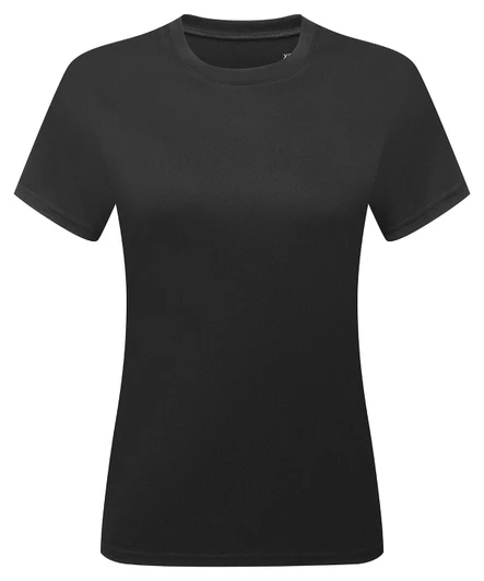 A black short-sleeved tee with a fitted shape and a crew neckline. It features a logo on the label.