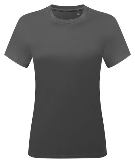 A grey, short-sleeved t-shirt featuring a round neckline and a logo on the front.