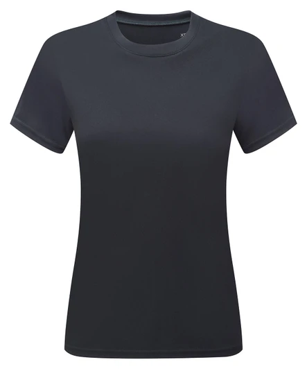 A short-sleeved T-shirt in black, featuring a smooth, fitted design and a logo on the neckline.
