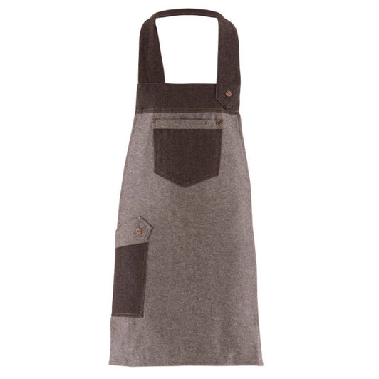 A grey and brown apron with a pocket, featuring a simple design and shoulder straps. It has a logo on it.