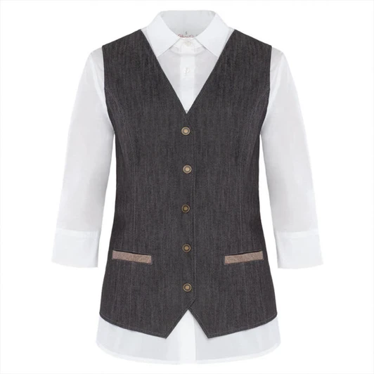 A dark denim vest with a fitted silhouette, featuring a button closure and pockets, layered over a white shirt.