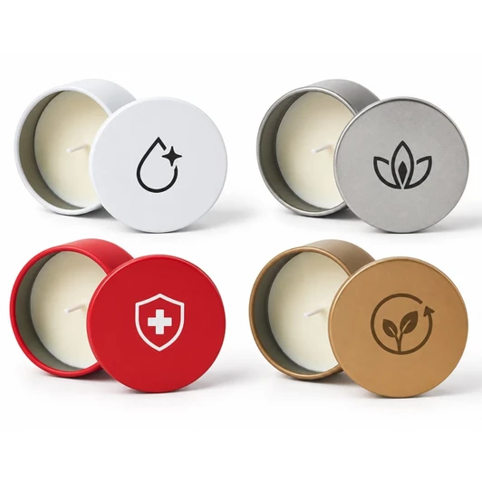 Four mini tin candles in white, silver, red, and gold tins, each with distinct logos on the lids.