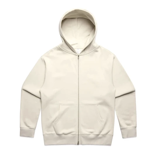 A cream-coloured zip-up hoodie with a hood and front pockets, featuring a logo.