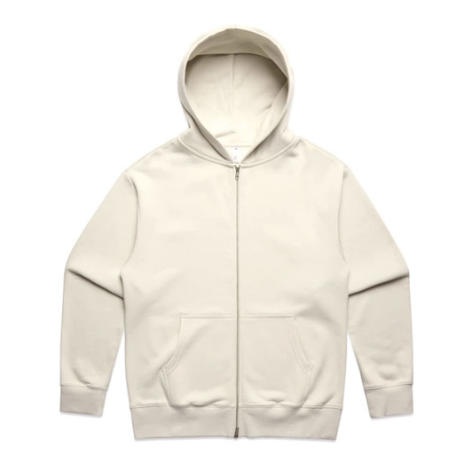 A cream-coloured zip-up hoodie with a hood and front pockets, featuring a logo.