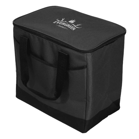 A grey cooler bag with a zippered top, sturdy handles, and a front pocket. It features a logo on the lid.