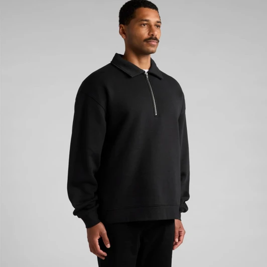 A black collared crew jumper displayed on a model, featuring a zip at the neck and long sleeves.