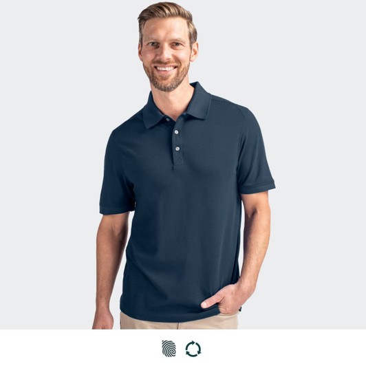 A navy blue men's polo shirt features a collar, short sleeves, and has a logo on the chest.