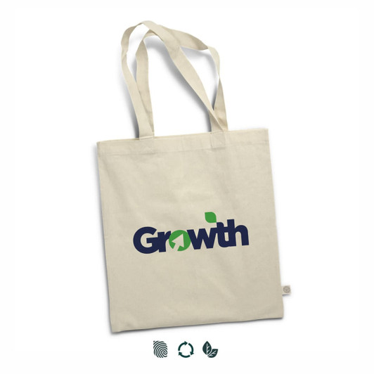 A cream tote bag with long handles featuring a logo in blue and green.