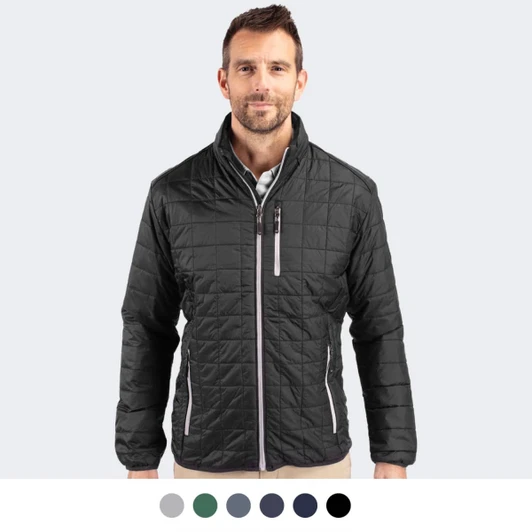A black men's jacket featuring a quilted design, zippered pockets, and a logo on the chest.