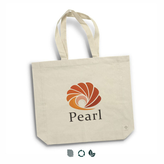 A cream tote bag made from recycled cotton with a logo and two sturdy handles.