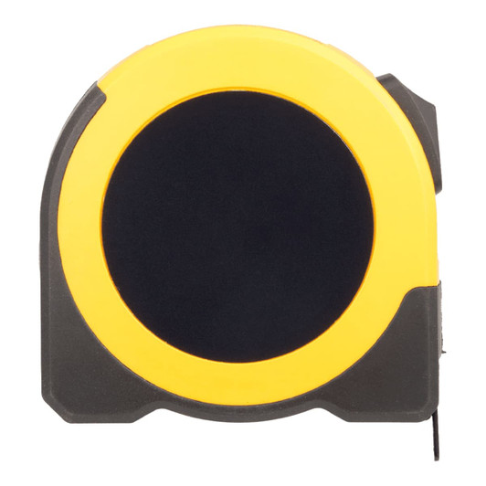 A tape measure featuring a black and yellow casing, with a rounded design and a side retractable mechanism.