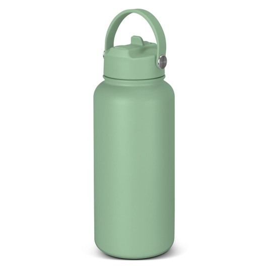 A drink bottle in a soft green colour with a screw top lid and carrying handle. It features a logo on the side.