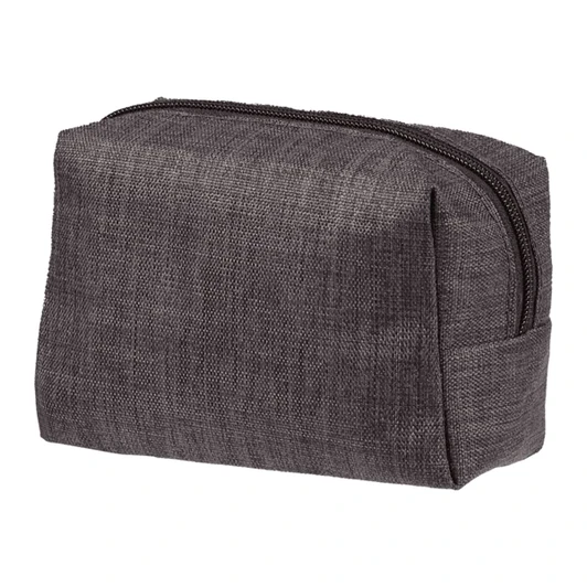 A grey zippered toiletry bag with a side pocket, featuring a textured fabric design.
