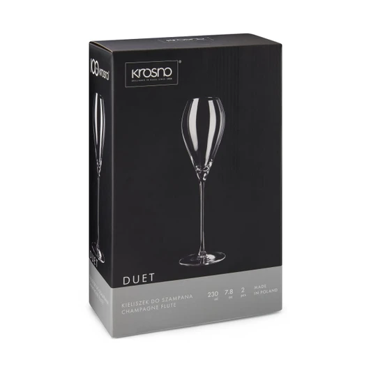A box containing two Krosno Duet 230ML glass flutes, featuring a sleek design and a transparent colour.