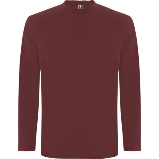 A maroon long-sleeved t-shirt with a crew neck and a small logo on the collar.