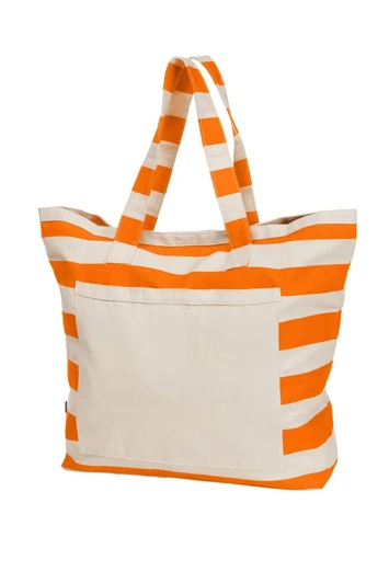 A large tote bag with orange and white stripes, featuring sturdy handles and a front pocket.