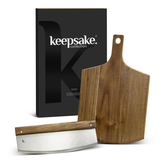 A wooden cheese board and knife set, featuring a stainless steel blade, packaged in a sleek black box with a logo.