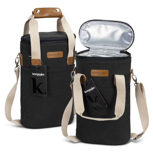 A wine cooler bag in black with tan leather accents, featuring handles and an insulated interior.