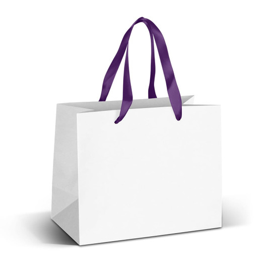 A medium-sized white paper bag with purple ribbon handles and a plain design, featuring a logo.