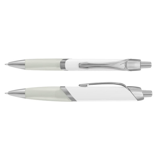 Two plastic pens, one in white with a green grip and the other with a similar design, featuring silver accents.