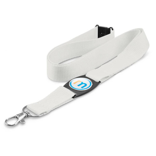 A white lanyard with a clip and a circular branding logo in the centre.