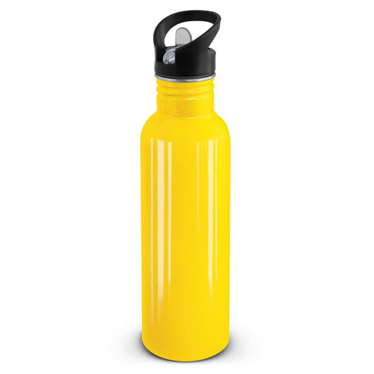A drink bottle in a vibrant yellow color with a black lid and spout design.