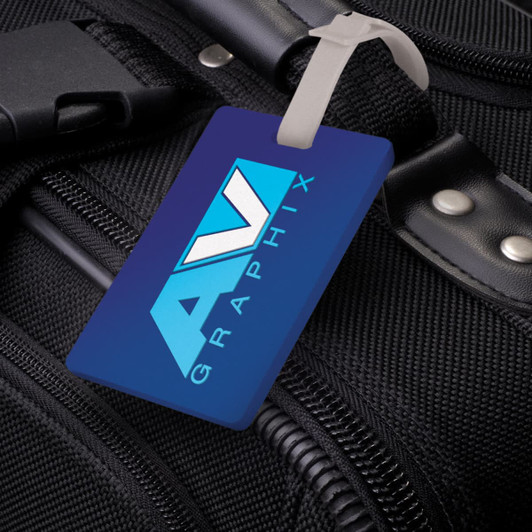 A PVC luggage tag in blue attached to a black suitcase, featuring a logo on the tag.