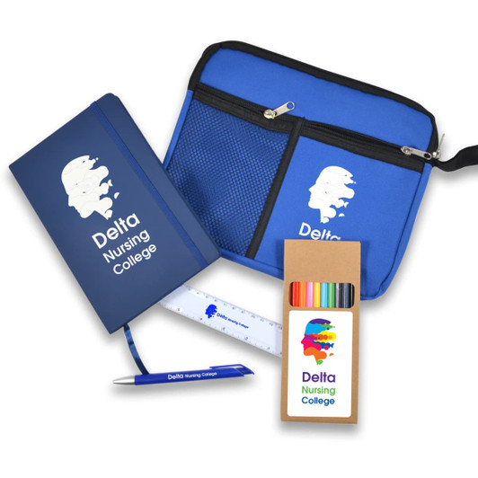A blue zippered pouch, notebook, pen, ruler, and colored pencils. Each item features a logo.