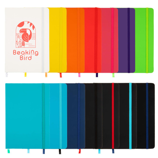 A collection of Venture A5 Notebooks in various colours, including white, orange, red, purple, and black, with logo.