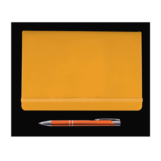 A yellow folder with an elastic band and a silver pen with an orange accent. Both items are neatly arranged.