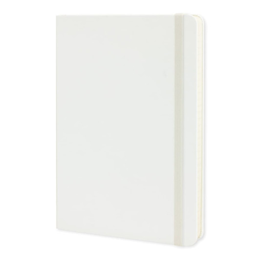 A large, white Moleskine classic hard cover notebook with an elastic band and rounded corners.