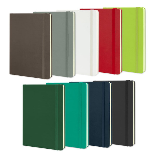 A collection of Moleskine Classic Hard Cover Notebooks in various colours, including green, red, white, and black, featuring branding.