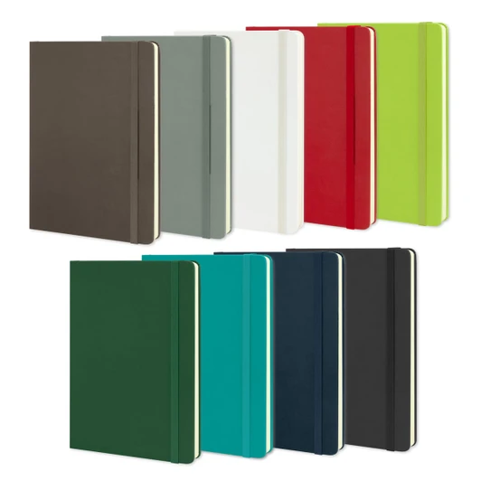 A collection of Moleskine Classic Hard Cover Notebooks in various colours, including green, blue, grey, red, and white.