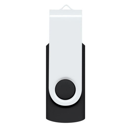 A black and white Helix 4GB Mix & Match Flash Drive with a swivel design and a circular button.
