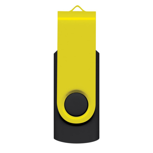 A black and yellow Helix 4GB mix and match flash drive with a swivel design and a loop for attachment.