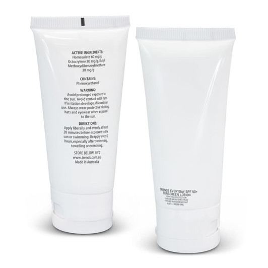 A white tube of TRENDS Everyday SPF 50+ Sunscreen, containing 50ml of sunscreen lotion, featuring a logo.