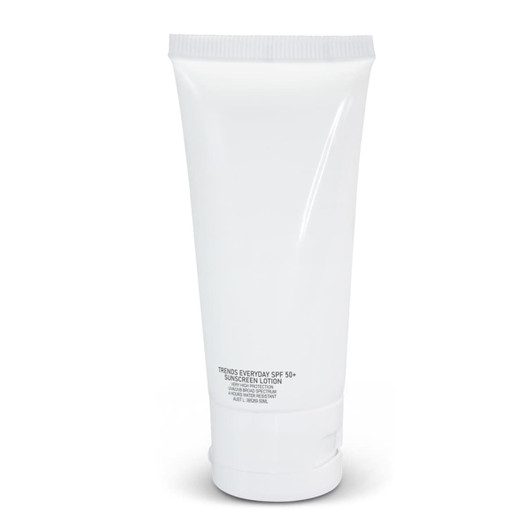 A white tube of TRENDS Everyday SPF 50+ Sunscreen, containing 50ml of sunscreen lotion. The tube features a logo.